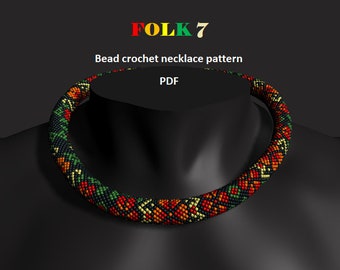 Folk 7. Bead crochet rope pattern, PDF pattern, DIY, beaded necklace, bead crocheting, folk floral necklace, orange red black bead rope