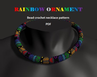 Rainbow Ornament patchwork necklace. Bead crochet rope pattern, PDF pattern, beaded necklace, bead crocheting, patchwork rope