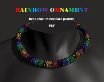 Rainbow Ornament patchwork necklace. Bead crochet rope pattern, PDF pattern, beaded necklace, bead crocheting, patchwork rope