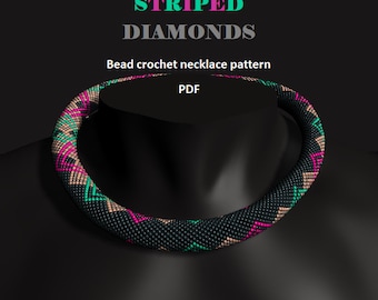 Striped Diamonds. Bead crochet rope pattern, PDF pattern, beaded necklace, bead crocheting, gray pink mint necklace, unisex pattern