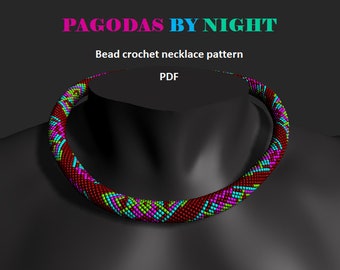 Pagodas By Night. Bead crochet rope pattern, PDF pattern, DIY, beaded necklace, bead crocheting, pink blue green necklace pattern
