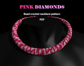 Różowe Diamenty. Pomysł na prezent dla niej. Wzór na sznurek z koralików szydełkowych, naszyjnik z koralików, szydełkowanie koralików, wzór siatki dziewczęcej, naszyjnik w odcieniach różu
