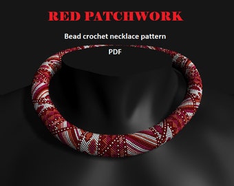 Red Patchwork. Bead crochet rope pattern, PDF pattern, DIY, beaded necklace, bead crocheting