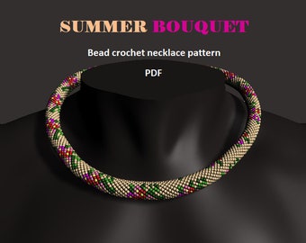Summer Bouquet. Bead crochet rope pattern, PDF pattern, DIY, beaded necklace, bead crocheting, floral necklace, pink red flowers, summer
