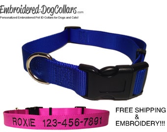 Blue Personalized Embroidered Dog Collar - Nylon Clip Adjustable Dog Collars - Pet ID Collars