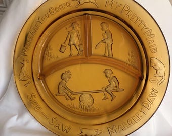 Vintage Tiara Indian Glass Amber Divided Child’s Nursery Rhyme Plate, 8 1/2”