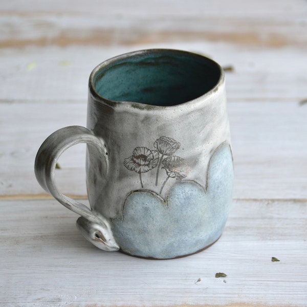 Wabi Sabi rustic pottery mug platinum gold poppies Cloud Mug Series "La tete dans les nuage"