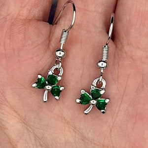 Dainty Emerald CZ Shamrock Earrings, 7025, Lead Free Pewter Dangle Earrings, St Patrick&#39;s Day Shamrock Earrings, Celtic Earrings