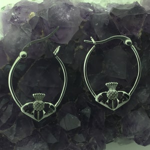 Double Sided Scottish Thistle Hoop Earrings ( S324), Stainless Steel Scottish Hoop earrings