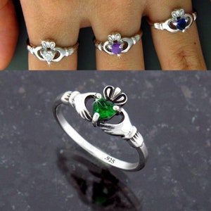 Dainty Sterling Silver Claddagh Ring Heart CZ, q3043, Emerald, Sapphire, Diamond,Amethyst CZ   IRELAND ring