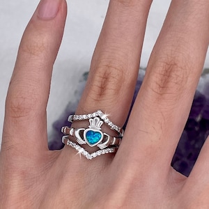 Sterling Silver set of 3 OPAL Claddagh/ V band pairing CZ Rings, (CSS2-BQ1018)