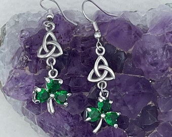 Trinity Emerald CZ Shamrock Earrings, (HM141)