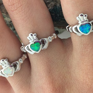 Sterling Silver Claddagh Ring with Opal Heart, BQ1018, Green Opal, White Opal, Blue Opal,  IRELAND ring