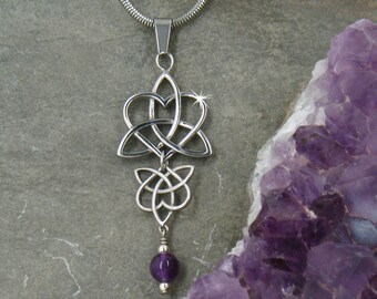 Reflections Emerald /Amethyst Celtic Heart &Trinity Pendant/Chain (HM9)  Sisters Knot, Family Knot