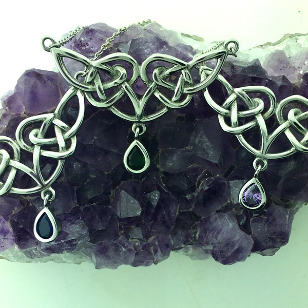 Celtic Knot Necklace w/ Emerald, Sapphire, white CZ , and Amethyst  CZ on 18" Chain (#s306) Celtic Love Knot Amethyst, Emerald, Sapphire