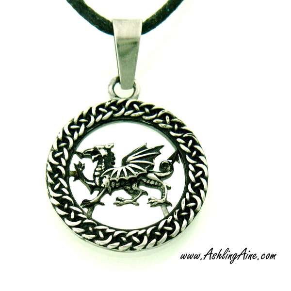 Welsh Dragon Stainless Steel Pendant/Necklace, s214, celtic Welsh Dragon Necklace, Y Ddraig Goch Pendant, Red Dragon Celtic Pendant/Necklace