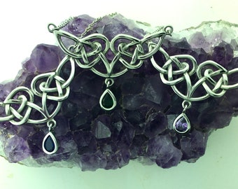Celtic Knot Necklace w/ Emerald, Sapphire, white CZ , and Amethyst  CZ on 18" Chain (#s306) Celtic Love Knot Amethyst, Emerald, Sapphire