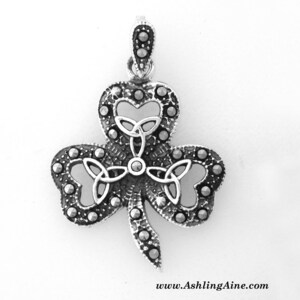 Irish Shamrock & Trinity Marcasite Pendant, Sterling Silver "Enchanted Ireland" Celtic Jewelry (#BQ422)