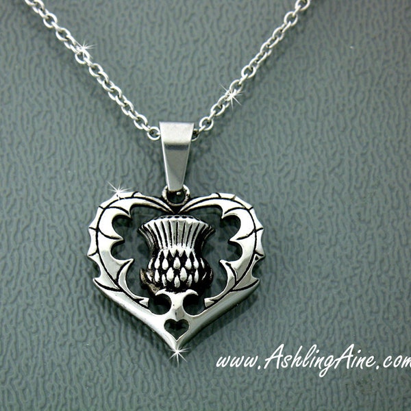 Scottish Thistle Heart Necklace, s223, Thistle Necklace, Surgical Steel Necklace,  Scottish Necklace, Celtic Necklace, Scottish Jewelry