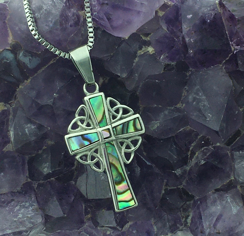 Celtic Abalone High Cross Necklace, (S78) 316l Stainless Steel,  'Celtic Treasure of the Sea' Trinity High Cross 