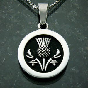 Scottish THISTLE Pendant w/Box Chain, s124,  Thistle necklace, Highland necklace, Man/woman Celtic Necklace (s124w/c)