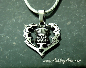 Scottish Thistle Heart Necklace, s224, Thistle Necklace, Surgical Steel Necklace,  Scottish Necklace, Celtic Necklace, Scottish Jewelry