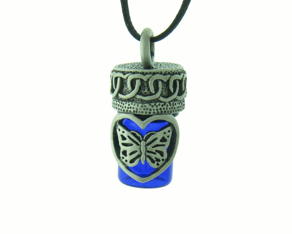 Hearts and Butterfly Aromatherapy Cobalt Blue Bottle Necklace Keepsake Urn fnt