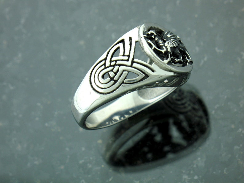 May include: A silver ring with a Celtic knot design and a raised circular design on the top. The circular design features a stylized animal figure.