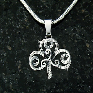 The Journey Shamrock/Triskel  Necklace(S102WC), Irish Ornate Shamrock and Triskel Stainless Steel Necklace