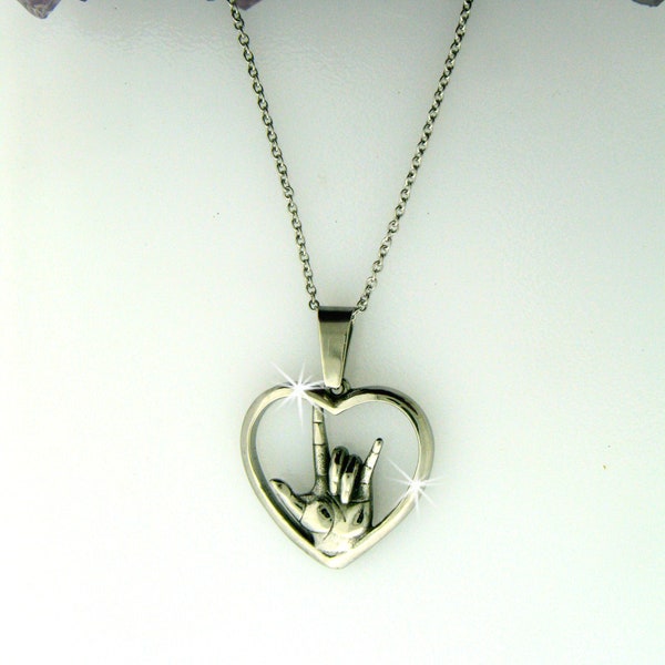 American Sign Language "I love you" Heart Necklace(large or medium pendant), (S244/246) ASL "I love you" hand symbol Necklace