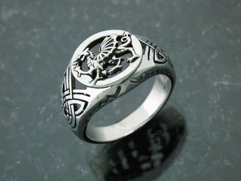 May include: A silver ring with a Celtic knot design and a dragon in a circle in the center.