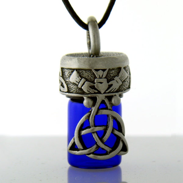 Celtic Trinity Knot & Claddagh Aromatherapy Keepsake Vial, 5923, Memorial Jewelry, Urn, Prayer Bottle, keepsake memory bottle, Blue Glass