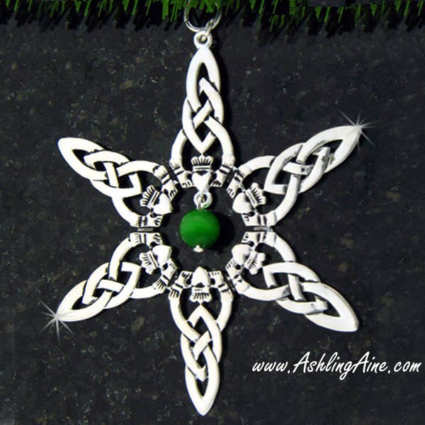 Claddagh w/Green Cat's Eye Bead SnowWonders® Snowflake Ornament, 5059, Celtic Ornament, Irish Ornament,  Package Decoration, Wedding Gift