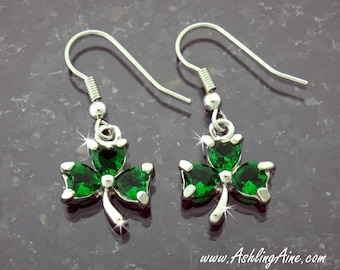 Emerald CZ Shamrock Earrings, 7004, Lead Free Pewter Dangle Earrings, St Patrick's Day Shamrock Earrings, Celtic Earrings, Irish Earrings