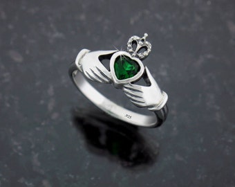 Sterling Silver Claddagh Ring w/ CZ, 3017, Claddagh Ring, Green Stone Claddagh, Women's Claddagh Ring, Sterling Silver Ring, Celtic Ring