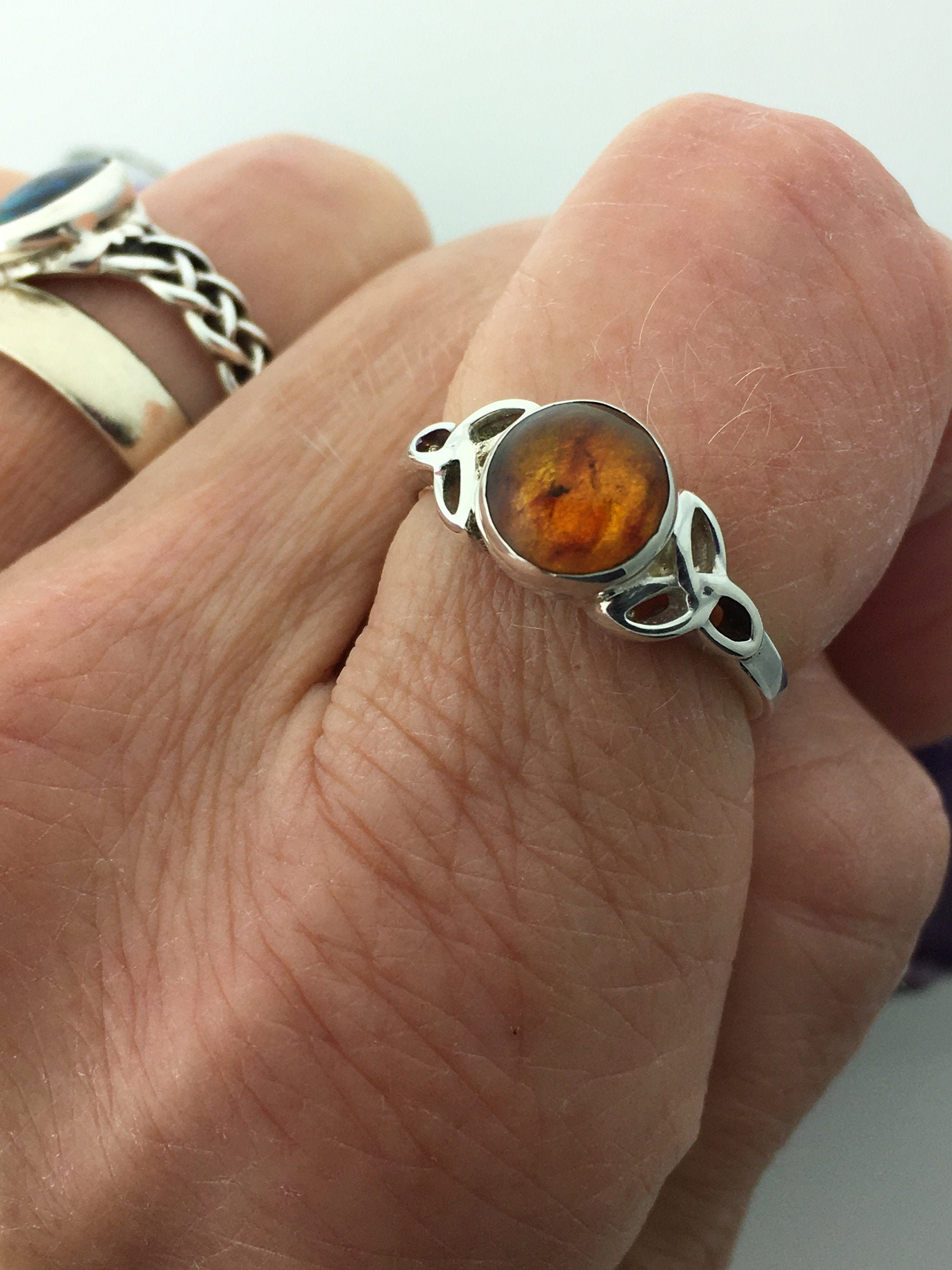 Sterling Silver Amber Celtic Love Knots Ring 