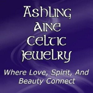 May include: A purple background with white text that reads "AshLing Aine Celtic Jewelry" and "Where Love, Spirit, and Beauty Connect".