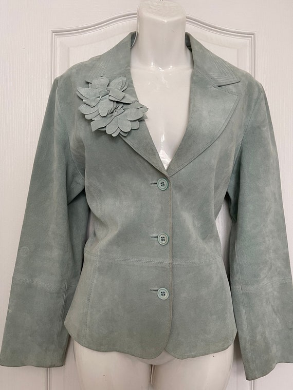 Karen Kane Aqua Green Suede Leather Jacket SZ L - Gem