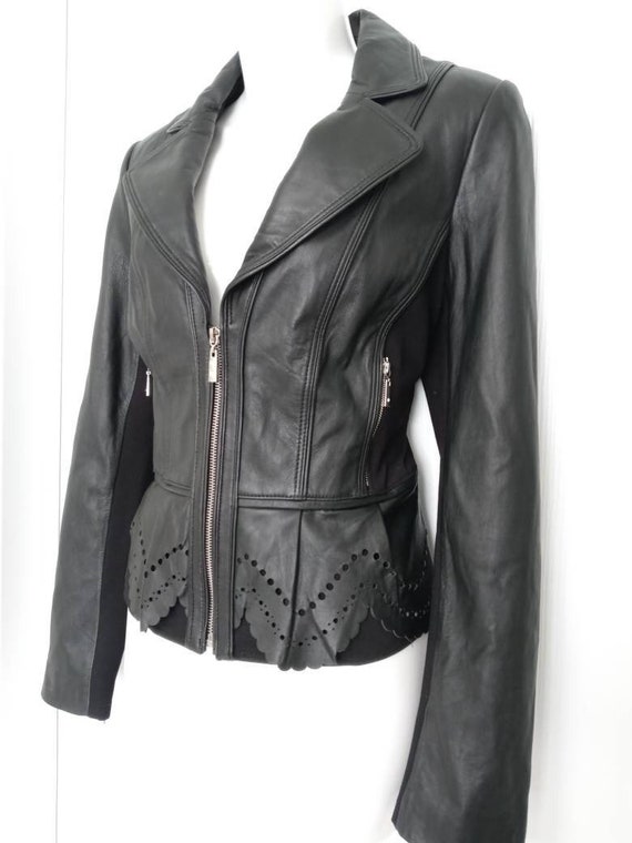 WHBM Leather Moto Perforated Flounce Jacket NWOT S