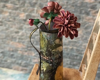 Miniature dahlias doll house mini plant flower bouquet arrange vase old French pitcher vintage antique enamel metal tiny unique artisan OOAK