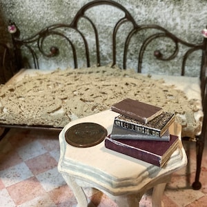 Doll house miniature book tiny mini 1 inch 12 scale library study desk reading coffee table vintage antique old shabby shelf nightstand OOAK