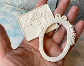 Miniature doll house frame oval picture plaque French antique shop mini 1 inch 12 scale plaster decor embellish bow wreath laurel vintage
