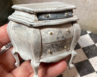 Miniature doll house small dresser side night table drawers furniture bombe Bombay mini hardwood vintage antique 1 inch 12 elegant shabby