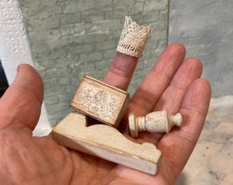 Doll house miniature crown lace mini 1 inch 12 scale storage box crate finial corbel tiny shabby chic rustic country attic tatty wood decor