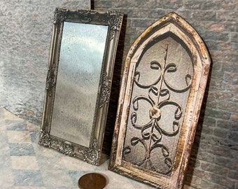Miniature doll house full standing mirror frame antique shabby distressed French window wall vintage mini 1 inch 12 scale old chippy tiny