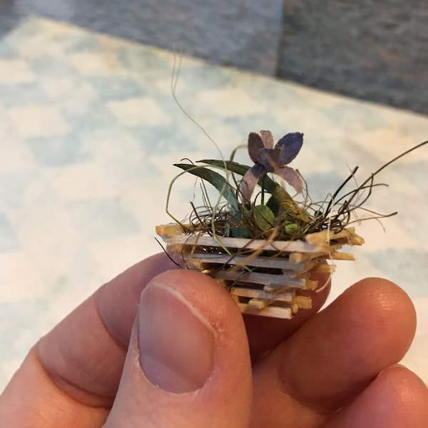 Miniature flower orchid doll house mini plant cattleya laelia wood slat basket tropical 1 inch 12 scale conservatory greenhouse purple  OOAK