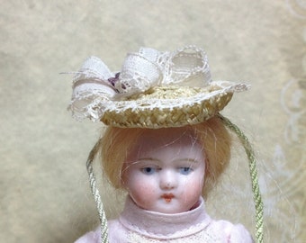 Miniature dollhouse straw hat mini doll tiny 1 inch 12 scale vintage old fashion lace Downton silk elegant bjd bergere antique OOAK bisque