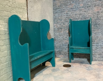 Miniature doll house settle settee deacon bench chair Colonial mini furniture country shabby wood vintage antique 1 inch 12 scale cottage