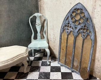 Miniature doll house 1 inch 12 scale cathedral gothic window frame wood interior prop mini shabby vintage antique French rustic attic old