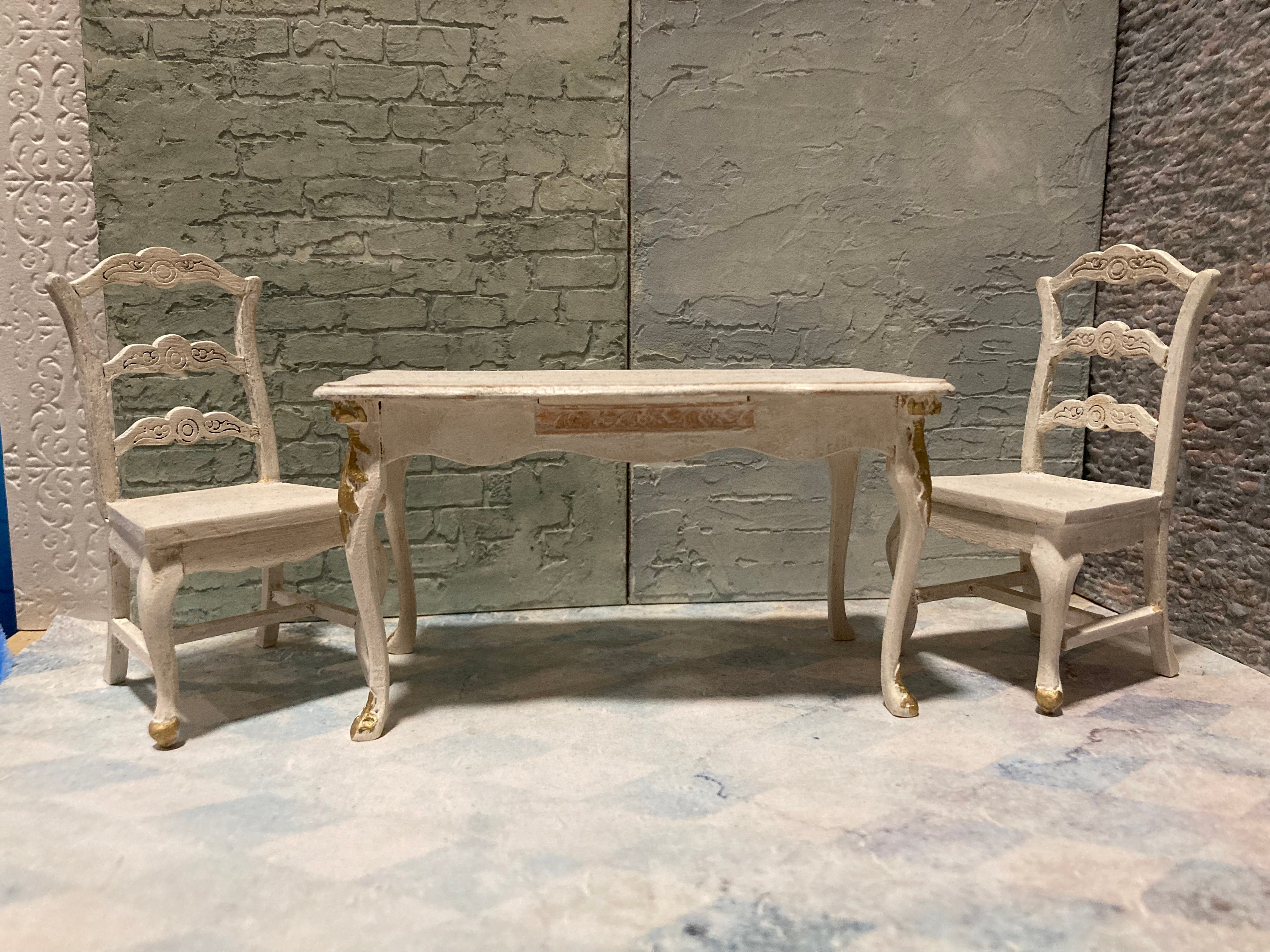 Miniature doll house table chairs set mini French Louis wood vintage antique OOAK 1 inch 12 scale shabby kitchen dining room furniture fancy
